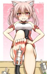 Rule 34 | 10s, 1girl, animal ears, barefoot, blush, cat ears, feet, foot focus, frame arms girl, grin, hands on own hips, innocentia, leg up, long hair, looking at viewer, panties, pantyshot, pink eyes, pink hair, pov, sexually suggestive, sitting, smile, soles, toes, twintails, underwear
