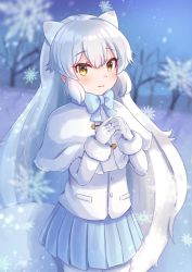 Rule 34 | 1girl, animal ears, arctic fox (kemono friends), blue bow, blue bowtie, blue skirt, bow, bowtie, capelet, coat, commentary request, cowboy shot, extra ears, fox ears, fox girl, fox tail, fur trim, gloves, highres, kemono friends, long hair, long sleeves, p imo01, pleated skirt, skirt, solo, tail, white capelet, white coat, white gloves, white hair, winter clothes, yellow eyes