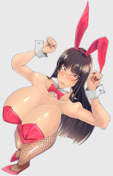 Rule 34 | 1girl, absurdres, animal ears, blush, bow, bowtie, breasts, brown eyes, brown hair, cleavage, detached collar, fake animal ears, fishnet pantyhose, fishnets, from above, girls und panzer, hands up, highres, huge breasts, jewelry, large breasts, leotard, long hair, looking at viewer, mature female, mole, mole on breast, mutsuki yamato, nail polish, nishizumi shiho, pantyhose, paw pose, playboy bunny, rabbit ears, ring, solo, wrist cuffs