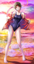 Rule 34 | 1girl, absurdres, backlighting, barefoot, breasts, brown hair, collarbone, commentary request, competition swimsuit, full body, gradient sky, head tilt, headband, highleg, highleg swimsuit, highres, jacket, kasugano sakura, lips, looking at viewer, medium breasts, ocean, one-piece swimsuit, open clothes, open jacket, parted lips, school swimsuit, shadow, shiny skin, shore, short hair, simple background, sky, smile, solo, sparkle, standing, street fighter, street fighter v, sunlight, sunset, swimsuit, teeth, thighs, toes, wajuniorbox, water, water drop, wet