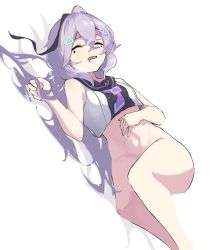 Rule 34 | 1girl, ahoge, bare arms, bare shoulders, black hair, black sailor collar, bottomless, breasts, commentary, crop top, drooling, dutch angle, facial mark, feet out of frame, hair ornament, hand on own stomach, highres, hp+40, legs, light purple hair, long hair, lying, mouth drool, multicolored hair, neckerchief, nemurime charo, neon trim, on side, purple hair, purple neckerchief, sailor collar, school uniform, serafuku, shirt, simple background, sleeping, small breasts, solo, stomach, streaked hair, symbol-only commentary, thighs, triangle facial mark, triangle hair ornament, two-tone hair, virtual youtuber, wactor production, white background, white serafuku, white shirt, x hair ornament