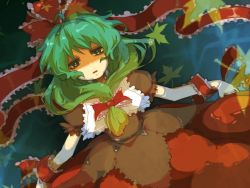 Rule 34 | 1girl, afloat, bad id, bad pixiv id, bow, female focus, frills, front ponytail, green eyes, green hair, hair bow, hair ribbon, kagiyama hina, leaf, lying, myou mu, open mouth, partially submerged, ribbon, shaded face, solo, touhou, water