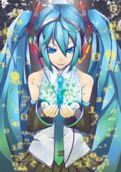 Rule 34 | 00s, 1girl, binary, blue eyes, blue hair, detached sleeves, female focus, hatsune miku, headphones, highres, long hair, matching hair/eyes, necktie, shiro (nitto), smile, solo, twintails, very long hair, vocaloid