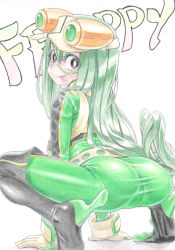 Rule 34 | 1girl, :&gt;, all fours, ass, asui tsuyu, belt, bodysuit, boku no hero academia, boots, bright pupils, character name, frog girl, from behind, gloves, goggles, goggles on head, green bodysuit, green eyes, green hair, hair rings, long hair, looking at viewer, looking back, low-tied long hair, simple background, solo, squatting, superhero costume, thigh boots, tongue, tongue out, very long hair, white background, white pupils, zanma