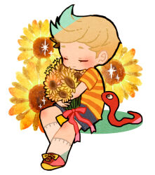 Rule 34 | 1boy, 73 (naa), black shorts, blonde hair, bouquet, closed eyes, closed mouth, dated, flower, full body, holding, holding bouquet, lucas (mother 3), male focus, mother (game), mother 3, nintendo, red footwear, red ribbon, ribbon, shirt, shorts, signature, snake, socks, solo, striped clothes, striped shirt, sunflower, white socks, yellow flower