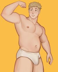 Rule 34 | 1boy, arm up, bara, biceps, blonde hair, briefs, bulge, cowboy shot, dungeon meshi, flexing, gaditaahart, hashtag-only commentary, highres, laios touden, looking to the side, male focus, male underwear, nipples, parted lips, short hair, simple background, solo, standing, undercut, underwear, very short hair, yellow background, yellow eyes