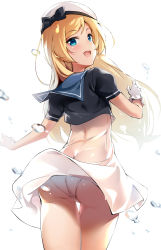 Rule 34 | 1girl, :d, ass, beret, blonde hair, blue eyes, blue sailor collar, dress, gloves, hat, highres, jervis (kancolle), kantai collection, long hair, looking at viewer, looking back, open mouth, panties, pantyshot, sailor collar, sailor dress, short sleeves, shuffle (songdatiankong), simple background, smile, solo, standing, underwear, white background, white dress, white gloves, white hat, white panties