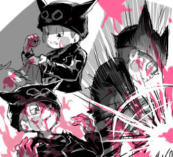 Rule 34 | 1boy, ball, blood, blood on face, blush stickers, clenched teeth, commentary request, danganronpa (series), danganronpa v3: killing harmony, fang, grey background, hands up, hat, highres, holding, hoshi ryoma, jacket, looking at viewer, male focus, multiple views, pink blood, spot color, suurin (ksyaro), teeth