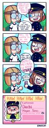 Rule 34 | 2girls, 4koma, :d, animal crossing, artist name, blue eyes, blue sky, blush, blush stickers, character name, chibi, comic, english text, eye contact, eyepatch, closed eyes, glasses, goggles, goggles on headwear, hands on own hips, hat, highres, id card, injury, laughing, looking at another, multiple girls, nintendo, omocat, open mouth, outdoors, plant, sky, smile, speech bubble, talking, text focus, tree, upper body, villager (animal crossing)