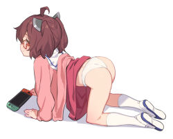 Rule 34 | 1girl, ahoge, all fours, ass, bespectacled, brown hair, buttons, cardigan, closed mouth, dress, full body, glasses, hair between eyes, handheld game console, headgear, long sleeves, looking at viewer, nintendo switch, open cardigan, open clothes, orange eyes, panties, pink cardigan, red-framed eyewear, red dress, sailor collar, sailor dress, shoes, short hair, simple background, socks, solo, touhoku kiritan, underwear, voiceroid, wedgie, white background, white panties, white sailor collar, white socks, yamamomo (plank)