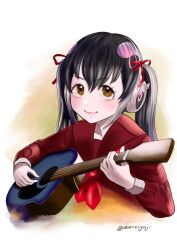 Rule 34 | 1girl, aburaeoyaji, african penguin (kemono friends), black hair, brown eyes, closed mouth, guitar, headphones, highres, instrument, kemono friends, kemono friends v project, long hair, looking at viewer, multicolored hair, penguin girl, ribbon, sailor collar, school uniform, simple background, solo, twintails, virtual youtuber