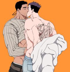 Rule 34 | 2boys, back tattoo, balnom, bara, bare back, clothes lift, clothes pull, couple, cowboy shot, dark-skinned male, dark skin, ear piercing, foreplay, glasses, highres, kiss, light blush, male focus, mature male, multicolored hair, multiple boys, muscular, muscular male, original, pants, pants pull, partially undressed, piercing, profile, purple hair, shirt lift, short hair, sparse stubble, standing, tattoo, thick eyebrows, three quarter view, two-tone hair, undressing, unworn eyewear, yaoi