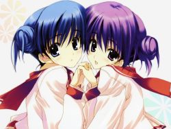Rule 34 | 00s, 2girls, :d, blue eyes, blue hair, blush, double bun, forehead-to-forehead, from side, hair between eyes, hair bun, hand up, head tilt, heads together, himeyuri ruri, himeyuri sango, holding hands, interlocked fingers, long sleeves, looking at viewer, looking back, multiple girls, nakamura takeshi, official art, official wallpaper, open mouth, parted lips, purple eyes, purple hair, school uniform, serafuku, shirt, short hair, siblings, sisters, smile, symmetrical hand pose, symmetry, to heart (series), to heart 2, twins, upper body, wallpaper, white background, white shirt