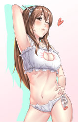Rule 34 | 10s, 1girl, alternate costume, armpits, ashigara (kancolle), ashley asiyu, bell, blush, breasts, brown eyes, brown hair, cat cutout, cat ear panties, cat lingerie, choker, cleavage, cleavage cutout, clothing cutout, cowboy shot, fake horns, frills, from below, gradient background, hairband, hand on own hip, highres, horned headwear, horns, jingle bell, kantai collection, long hair, meme attire, navel, neck bell, one eye closed, panties, parted lips, pink background, side-tie panties, silhouette, solo, stomach, underwear, underwear only, white panties