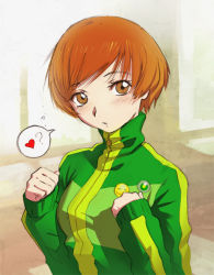 Rule 34 | 1girl, ?, badge, blush, brown eyes, brown hair, button badge, clenched hands, heart, ilya kuvshinov, jacket, looking at viewer, megami tensei, persona, persona 4, satonaka chie, shin megami tensei, short hair, smiley face, solo, spoken heart, track jacket, upper body