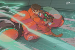 Rule 34 | 1boy, akira (manga), black hair, boots, brown footwear, brown gloves, commentary, cyberpunk, edwin huang, english commentary, gloves, goggles, jumpsuit, kaneda shoutarou&#039;s bike, kaneda shoutarou (akira), knee boots, knee pads, light trail, male focus, motor vehicle, motorcycle, red jumpsuit, scanlines, short hair, shoulder pads, sliding, solo, vhs artifacts
