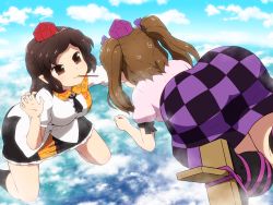 Rule 34 | 2girls, :3, above clouds, ass, bent over, black hair, black skirt, black socks, blue sky, breasts, brown eyes, brown footwear, brown hair, checkered clothes, checkered skirt, cloud, commentary, day, feet out of frame, flying, food, geta, hair ribbon, hand up, hat, himekaidou hatate, huge ass, kneehighs, leaf print, leg ribbon, legs apart, long hair, looking at another, maple leaf print, medium breasts, miniskirt, mouth hold, multiple girls, outdoors, petticoat, pink shirt, pocky, pocky day, pointy ears, puffy short sleeves, puffy sleeves, purple ribbon, purple skirt, ribbon, shameimaru aya, shirosato, shirt, short hair, short sleeves, skirt, sky, smile, socks, sweatdrop, tengu-geta, thighs, tokin hat, touhou, twintails, v-shaped eyebrows, white shirt