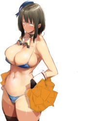 Rule 34 | 10s, 1girl, bad id, bad twitter id, bikini, black hair, black thighhighs, blue bikini, blush, breasts, cleavage, covered erect nipples, detached collar, female focus, goshiki suzu, groin, hat, kantai collection, large breasts, looking at viewer, micro bikini, navel, pom pom (cheerleading), short hair, simple background, solo, swimsuit, takao (kancolle), thighhighs, white background
