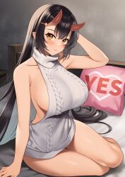 Rule 34 | 1girl, absurdres, arm support, arm up, bare arms, bare legs, bare shoulders, bed, black hair, breasts, cable knit, commentary request, demon girl, enjo kouhai, hair ornament, hairclip, heart, highres, horns, indoors, large breasts, long hair, looking at viewer, meme attire, naked sweater, on bed, oni, oni horns, origamine ouka, parted lips, pillow, pointy ears, ribbed sweater, sideboob, sidelocks, sitting, sleeveless, sleeveless sweater, sleeveless turtleneck, solo, sweater, takunomi, thighs, turtleneck, turtleneck sweater, very long hair, virgin killer sweater, white sweater, yellow eyes, yes, yes-no pillow, yokozuwari