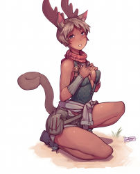 Rule 34 | 1girl, animal ears, antlers, blue eyes, blush, breasts, brown hair, cat ears, cat tail, cleavage, clothes around waist, commission, dark-skinned female, dark skin, dated, facial mark, faustsketcher, final fantasy, final fantasy xiv, goggles, goggles around neck, hands on own chest, highres, horns, kneeling, looking at viewer, medium breasts, miner, miqo&#039;te, scarf, shirt, shirt around waist, short hair, shorts, signature, sleeveless, slit pupils, solo, sweat, tail, unzipped, warrior of light (ff14), whisker markings, white background, zipper pull tab