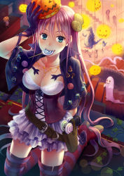 Rule 34 | 1girl, blue eyes, boots, breasts, candy, capelet, cleavage, corset, crown, fangs, female focus, food, ghost, gloves, halloween, jewelry, large breasts, lollipop, long hair, necklace, original, patterned legwear, pink hair, red footwear, shoes, short cape, skirt, solo, thigh boots, thighhighs, twintails, yamigo