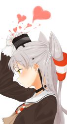 Rule 34 | 10s, 1girl, absurdres, amatsukaze (kancolle), arm up, black dress, blush, bouen, closed mouth, dress, from side, gloves, grey hair, hair tubes, hand on headwear, hat, heart, highres, innertube, kantai collection, long hair, long sleeves, mini hat, profile, sailor dress, simple background, smokestack, solo, swim ring, two side up, upper body, white background, white gloves, yellow eyes