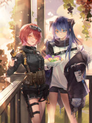 Rule 34 | 2girls, ;d, absurdres, arknights, blue eyes, blue hair, bowl, breasts, eating, exusiai (arknights), eyewear on head, food, fruit, fur trim, gloves, hair over one eye, highres, horns, huangbanmimi, jacket, looking at viewer, mostima (arknights), multiple girls, off shoulder, one eye closed, open mouth, pouch, red hair, shorts, smile, sunlight, thigh strap, yellow eyes