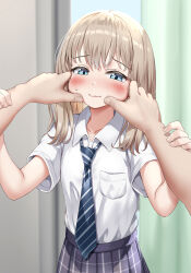 Rule 34 | 1girl, 1other, blue eyes, blue necktie, blurry, blurry background, blush, brown hair, cheek pinching, closed mouth, collared shirt, commentary request, curtains, day, depth of field, diagonal-striped necktie, grey skirt, half-closed eyes, highres, indoors, long hair, necktie, nedia (nedia region), original, pinching, pleated skirt, shirt, short sleeves, skirt, sweat, wavy mouth, white shirt, window