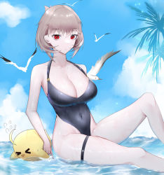 Rule 34 | &gt; &lt;, 1girl, azur lane, bare shoulders, bird, black one-piece swimsuit, breasts, cleavage, covered navel, duca degli abruzzi (azur lane), duca degli abruzzi (lustrous onyx sirenetta) (azur lane), highres, in water, jin mu mulin, large breasts, light brown hair, looking at viewer, manjuu (azur lane), ocean, official alternate costume, one-piece swimsuit, palm tree, red eyes, seagull, solo, swimsuit, thigh strap, tree, wet