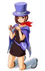 Rule 34 | 1girl, ace attorney, apollo justice: ace attorney, blue hat, boots, bow, bow panties, brown hair, capcom, capelet, earrings, full body, hat, heika, heika (artist), heika (heikahp), holding, holding clothes, holding panties, holding underwear, jewelry, kneeling, looking at viewer, panties, simple background, smile, solo, top hat, trucy wright, underwear, unworn panties, white background