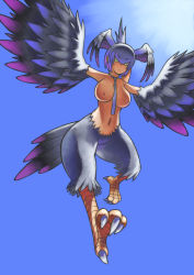 Rule 34 | alternate breast size, animal feet, between breasts, bird legs, bird tail, blue background, breasts, commentary request, feathered wings, feathers, gradient wings, green eyes, grey feathers, grey necktie, grey wings, harpy, head wings, kemono friends, large breasts, metal-max, monster girl, monsterification, multicolored wings, navel, necktie, necktie between breasts, nude, purple feathers, purple wings, shoebill (kemono friends), short hair, simple background, solo, tail, talons, winged arms, wings