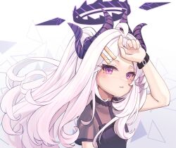 Rule 34 | 1girl, absurdres, ahoge, black dress, black horns, blue archive, blush, breasts, demon horns, dress, halo, highres, hina (blue archive), horns, long hair, multiple horns, open mouth, purple eyes, ricke 2002, short sleeves, small breasts, solo, upper body, white hair