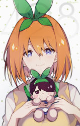 Rule 34 | 1girl, blush, breasts, captain yue, character doll, closed mouth, clover, collared shirt, commentary request, doll, go-toubun no hanayome, green ribbon, grey background, hair between eyes, hair ribbon, highres, holding, holding doll, looking at viewer, medium breasts, nakano yotsuba, orange hair, purple eyes, ribbon, shirt, simple background, smile, solo, sweater vest, tears, twitter username, uesugi fuutarou, upper body, white shirt