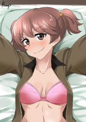 Rule 34 | 10s, 1girl, alisa (girls und panzer), artist name, bed, blush, bow, bow bra, bra, brown eyes, brown hair, collarbone, freckles, girls und panzer, grin, hair ornament, highres, jacket, kurosawa shouichi, lace, lace-trimmed bra, lace trim, looking at viewer, lying, military, military uniform, on back, open clothes, open jacket, pink bra, reaching, reaching towards viewer, selfie, short hair, short twintails, signature, smile, solo, star (symbol), star hair ornament, sweatdrop, twintails, underwear, uniform, upper body