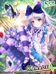 Rule 34 | 10s, 1girl, alice (alice in wonderland), alice (alice in wonderland) (cosplay), alice in wonderland, angel beats!, apron, blush, bow, card, cosplay, dress, frills, goto p, hair bow, long hair, official art, pantyhose, playing card, pocket watch, silver hair, solo, striped clothes, striped pantyhose, tenshi (angel beats!), watch, white rabbit (alice in wonderland), wrist cuffs
