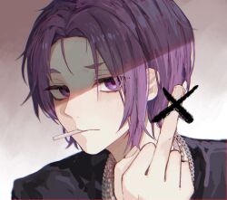 Rule 34 | 1boy, black shirt, blue lock, closed mouth, grey background, hand up, highres, jewelry, koumimi, looking at viewer, male focus, middle finger, mikage reo, mouth hold, necklace, purple eyes, purple hair, shirt, short eyebrows, short hair, solo, upper body