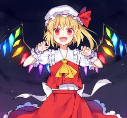 Rule 34 | 1girl, :d, ascot, blonde hair, bow, claw pose, commentary request, crystal, eyebrows hidden by hair, fang, flandre scarlet, frilled shirt collar, frilled skirt, frilled sleeves, frills, hat, hat bow, hat ribbon, kaminokefusa, looking at viewer, medium hair, mob cap, night, open mouth, puffy short sleeves, puffy sleeves, red bow, red eyes, red skirt, red vest, ribbon, shirt, short sleeves, side ponytail, skirt, skirt set, smile, solo, touhou, vest, white shirt, wings, wrist cuffs, yellow ascot