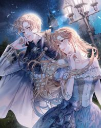 Rule 34 | 1boy, 1girl, blonde hair, bow, cape, couple, dress, ea ateu, earrings, frilled dress, frills, gloves, highres, jacket, jewelry, lamp, light particles, long hair, long sleeves, military jacket, off-shoulder dress, off shoulder, open mouth, prince, princess, short hair, smile, upper body, wind