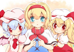 Rule 34 | 3girls, absurdres, ahoge, akimaro (rank up magic), alice margatroid, bat wings, blonde hair, blue eyes, blue hair, bow, closed mouth, flandre scarlet, hair between eyes, hairband, hat, hat bow, highres, mob cap, multiple girls, open mouth, red bow, red eyes, remilia scarlet, short hair, short sleeves, smile, touhou, wings