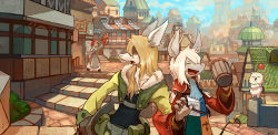 Rule 34 | 00s, 1boy, 2girls, beer mug, blonde hair, bow, burmecian, city, cityscape, couple, cup, drunk, closed eyes, final fantasy, final fantasy ix, fratley, freija crescent, furry, furry female, furry male, furry with furry, helmet, hetero, highres, holding, locked arms, moogle, mug, multiple girls, niking, open mouth, shaded face, signature, tail, tail bow, tail ornament, white hair