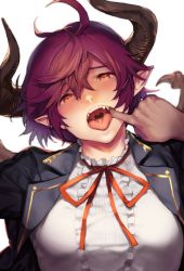 Rule 34 | 10s, 1girl, ahoge, bad id, bad pixiv id, blazer, blush, center frills, commentary request, dragon horns, dragon wings, finger in another&#039;s mouth, frills, granblue fantasy, grea (shingeki no bahamut), hair between eyes, head tilt, highres, horns, jacket, looking at viewer, mouth pull, neck ribbon, open clothes, open jacket, open mouth, po. (medamaoyazi), pointy ears, purple hair, red eyes, red ribbon, ribbon, shingeki no bahamut, shirt, solo focus, upper body, white background, white shirt, wings