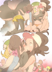 Rule 34 | 3girls, ^^^, all fours, bare arms, bare shoulders, bianca (pokemon), blue eyes, blush, breast press, breasts, chibi, chorimokki, cleavage, closed eyes, comic, creatures (company), game freak, girl sandwich, glasses, grabbing, grabbing another&#039;s breast, green eyes, hat, heart, hilda (pokemon), kiss, large breasts, long sleeves, looking at another, multiple girls, nintendo, no pants, nose blush, one eye closed, open mouth, panties, pantyhose, pokemon, pokemon bw, pokemon bw2, ponytail, rosa (pokemon), sandwiched, semi-rimless eyewear, short shorts, shorts, sidelocks, sitting, smile, surprise kiss, surprised, tank top, tearing up, twintails, underwear, upshorts, visor cap, wide-eyed, yuri