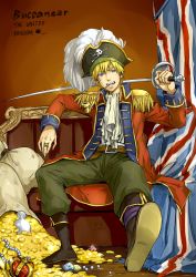 Rule 34 | 1boy, absurdres, ascot, axis powers hetalia, belt, blonde hair, blue eyes, boots, character name, coin, crown, unworn crown, dated, epaulettes, gem, glint, gold coin, green pants, hat, highres, holding, holding sword, holding weapon, jewelry, unworn jewelry, linjie, long sleeves, male focus, mouth hold, necklace, unworn necklace, pants, pipe in mouth, pirate hat, ring, scar, sitting, smoking pipe, sword, union jack, united kingdom (hetalia), weapon