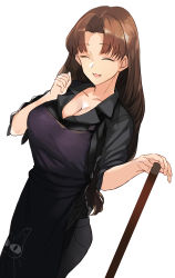 Rule 34 | 1girl, apron, ashita (2010), black shirt, breasts, broom, brown hair, cleavage, closed eyes, collarbone, collared shirt, dress shirt, fang, fate/hollow ataraxia, fate (series), grey pants, highres, hotaruzuka otoko, large breasts, long hair, open mouth, pants, parted bangs, ponytail, shirt, simple background, sleeves rolled up, smile, solo, white background
