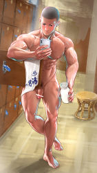 Rule 34 | 1boy, abs, artisticjinsky1, bara, bare pectorals, barefoot, blush, bottle, commentary request, highres, holding, holding bottle, locker, locker room, looking at phone, male focus, male pubic hair, muscular, muscular male, navel, nude, original, pectorals, penis, phone, pubic hair, short hair, standing, stool, testicles, towel, wet, white towel