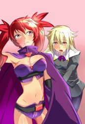 Rule 34 | 2girls, aq interactive, arcana heart, arcana heart 3, atlus, blush, breasts, cape, cleavage, examu, multiple girls, pantyhose, red eyes, red hair, scharlachrot, shorts, twintails, uniform, weiss