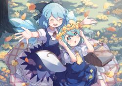 Rule 34 | 2girls, :d, :o, ascot, black bow, blue dress, blue hair, blue skirt, blue vest, blush, bow, cirno, closed eyes, collared shirt, commission, daiyousei, detached wings, dress, fairy wings, falling petals, flower, flower wreath, grass, green eyes, green hair, hair bow, hands up, head wreath, highres, ice, ice wings, medium hair, multiple girls, neckerchief, open hands, open mouth, outdoors, outstretched arms, petals, picnic basket, puffy short sleeves, puffy sleeves, red neckerchief, shirt, short sleeves, skeb commission, skirt, sleeve cuffs, smile, socks, sudoka, teeth, touhou, tree, upper teeth only, vest, white shirt, white socks, wings, yellow ascot, yellow bow, yellow flower