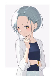 Rule 34 | 1girl, blue shirt, commentary request, forehead, grey hair, highres, kantai collection, mole, mole on neck, official alternate costume, porupurucha, robe, shirt, short hair, simple background, solo, swept bangs, tamanami (kancolle), upper body, white background, white robe