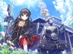 Rule 34 | 1girl, ascot, black dress, black hair, black hat, blue sky, blunt bangs, cable, cloud, covering crotch, covering privates, cura, day, dress, flat (company), flower, frilled dress, frills, from below, grass, hachiroku (maitetsu), hand in own hair, hat, highres, lens flare, locomotive, long sleeves, looking at viewer, maitetsu, outdoors, peaked cap, railroad signal, red eyes, signal, skirt, skirt hold, skirt tug, sky, smile, smoke, smokestack, solo, steam locomotive, sunlight, suspender skirt, suspenders, train, train station, wind, wind lift