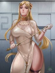 Rule 34 | 1girl, blonde hair, breasts, closed mouth, commentary, dress, english commentary, gloves, grey eyes, holding, large breasts, long hair, looking at viewer, nextoad, nier (series), nier:automata, paid reward available, patreon username, paid reward available, short sleeves, side slit, solo, space station, standing, thick thighs, thighhighs, thighs, turtleneck, very long hair, watermark, white dress, white gloves, commander (nier:automata)